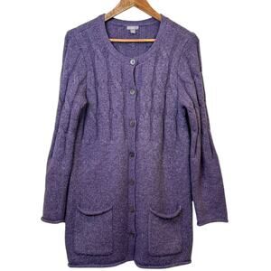 J Jill Size Medium Lavender Cable Knit Long  Button Up Cardigan Sweater Pockets